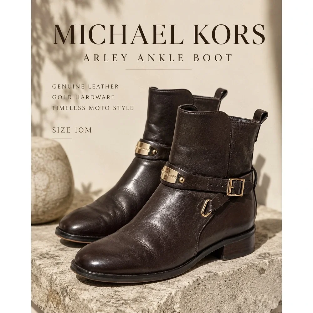 Michael Kors Arley Brown Leather Ankle Boots Size 10M Gold Hardware Moto